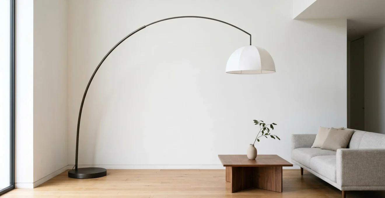 Lampadaire arc élégant avec courbe fluide illuminant un salon moderne et épuré