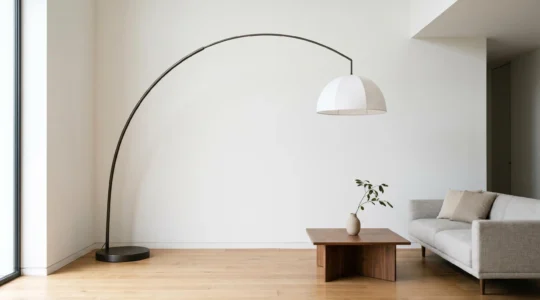 Lampadaire arc élégant avec courbe fluide illuminant un salon moderne et épuré