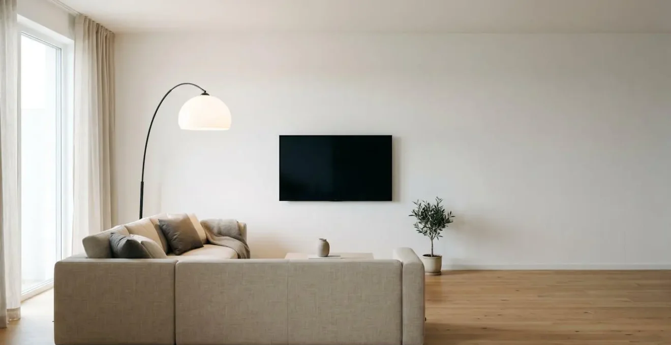 Lampadaire design élégant dans un salon moderne épuré avec canapé et mur texturé, lumière indirecte douce sans reflet