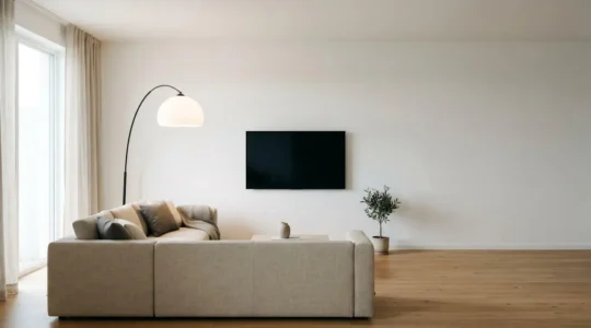 Lampadaire design élégant dans un salon moderne épuré avec canapé et mur texturé, lumière indirecte douce sans reflet