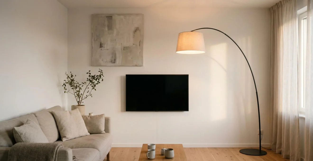 Lampadaire design moderne dans salon scandinave contemporain avec télévision murale et éclairage indirect ambiant