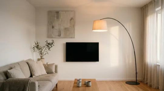 Lampadaire design moderne dans salon scandinave contemporain avec télévision murale et éclairage indirect ambiant