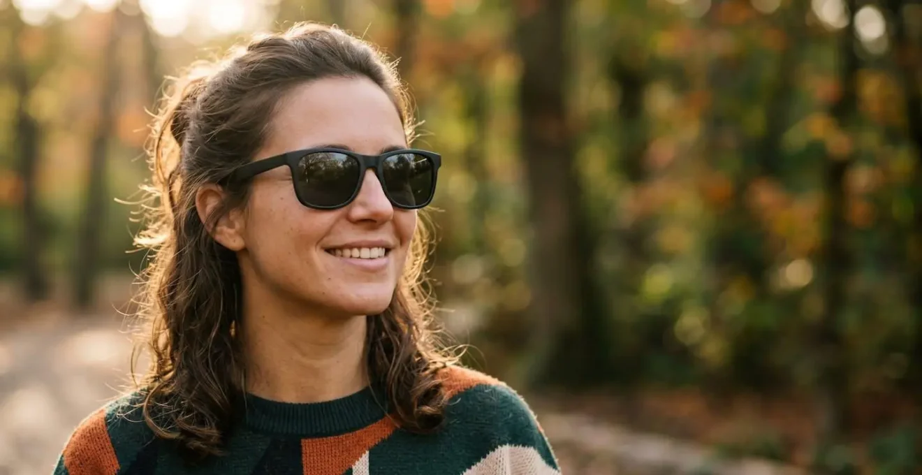 Une personne portant des lunettes de soleil polarisées dans un environnement lumineux, incarnant le confort visuel et le style moderne