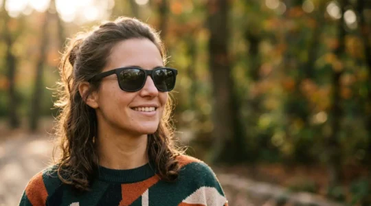 Une personne portant des lunettes de soleil polarisées dans un environnement lumineux, incarnant le confort visuel et le style moderne