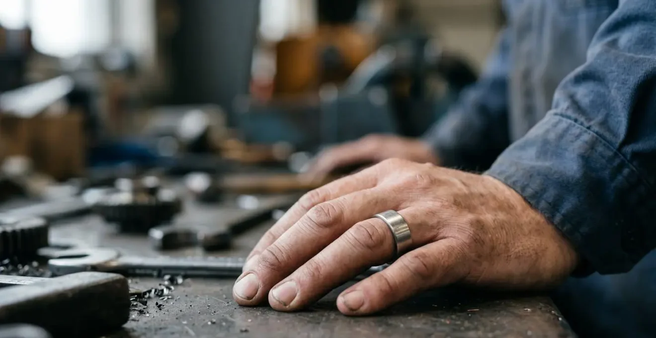 Gros plan d'une main de travailleur portant une bague en acier inoxydable 316L dans un environnement d'atelier industriel