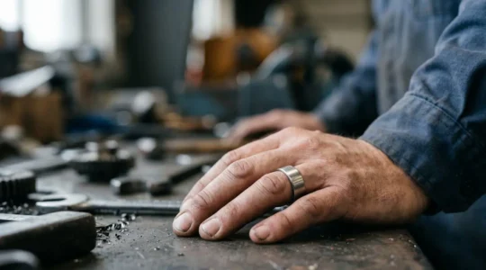 Gros plan d'une main de travailleur portant une bague en acier inoxydable 316L dans un environnement d'atelier industriel