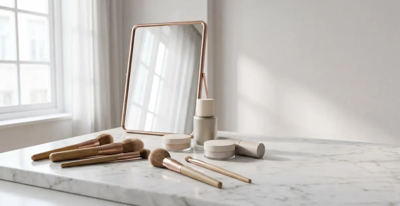 Plateau de maquillage professionnel sur table en marbre avec pinceaux de qualité et produits cosmétiques haut de gamme dans une lumière naturelle douce