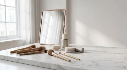 Plateau de maquillage professionnel sur table en marbre avec pinceaux de qualité et produits cosmétiques haut de gamme dans une lumière naturelle douce