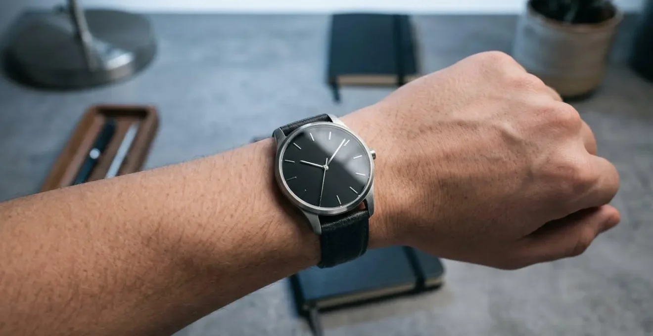 Montre minimaliste au cadran épuré photographiée sous éclairage LED froid révélant la lisibilité optimale des aiguilles bâtons