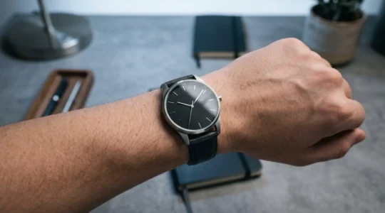 Montre minimaliste au cadran épuré photographiée sous éclairage LED froid révélant la lisibilité optimale des aiguilles bâtons
