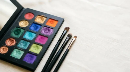 Palette de fards à paupières aux couleurs vives disposée avec pinceaux de maquillage