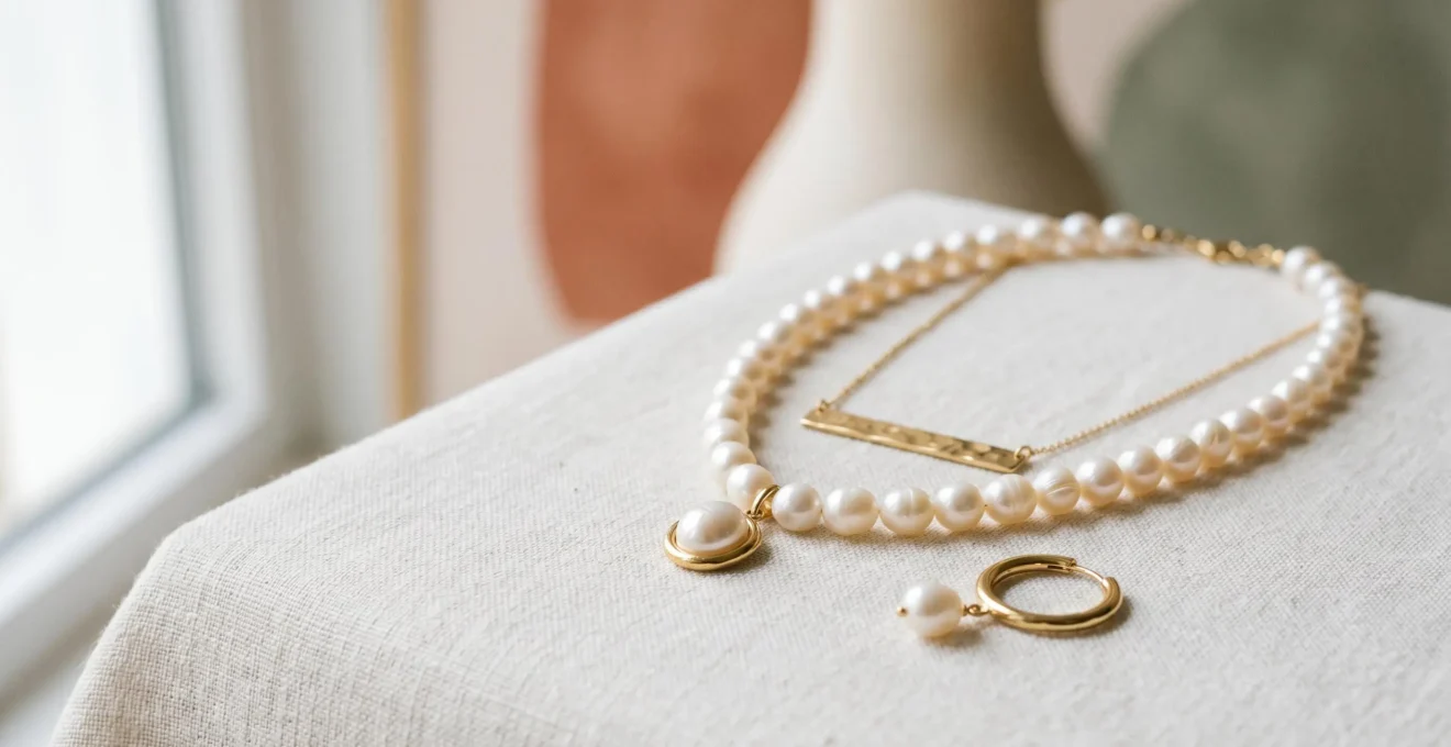Parure de bijoux moderne avec collier et boucles d'oreilles sur fond minimaliste