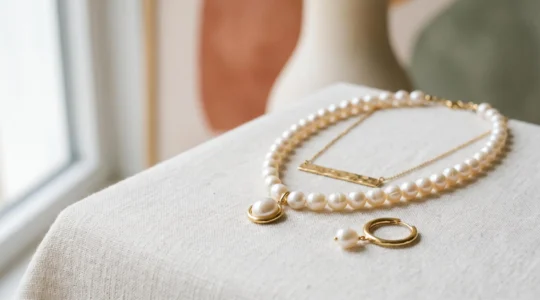 Parure de bijoux moderne avec collier et boucles d'oreilles sur fond minimaliste