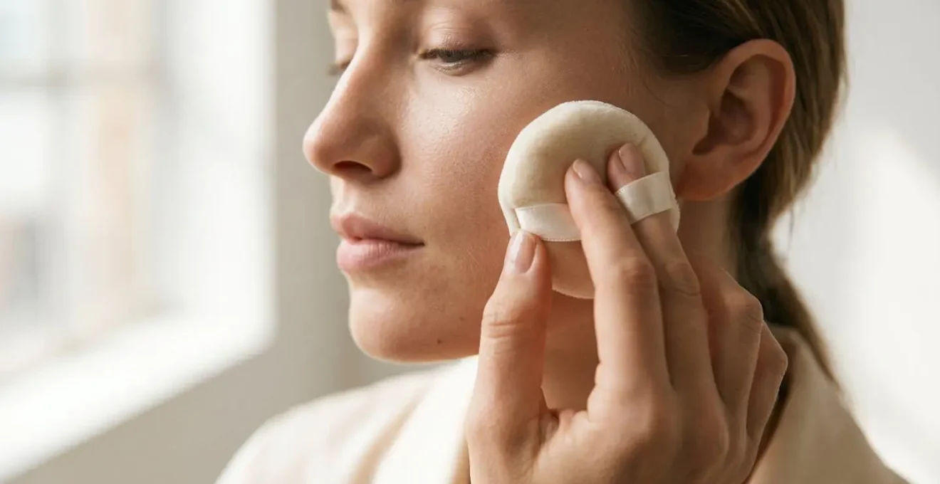 Application professionnelle de poudre libre sur le visage avec une houppette velours, rendu naturel et lumineux