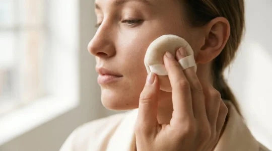 Application professionnelle de poudre libre sur le visage avec une houppette velours, rendu naturel et lumineux