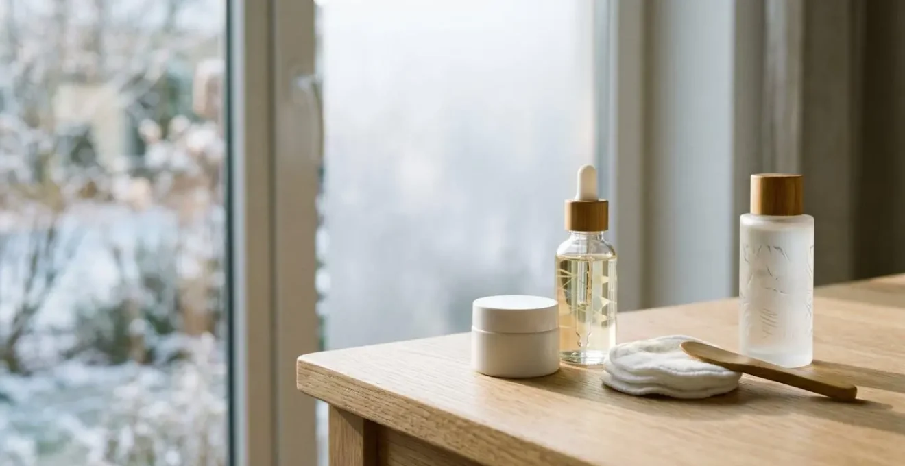 Routine de soin visage pour peau mixte en hiver avec des produits naturels disposés sur une surface minimaliste
