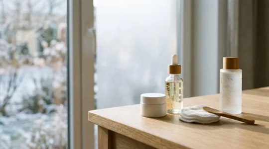 Routine de soin visage pour peau mixte en hiver avec des produits naturels disposés sur une surface minimaliste