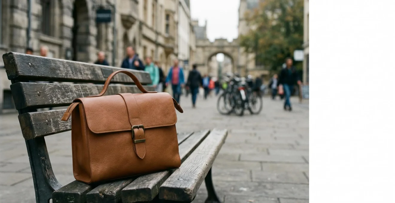 Sac à main moderne posé sur un banc urbain avec fond de rue parisienne floue, illustrant le mariage entre style et praticité pour la vie en ville