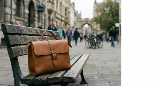 Sac à main moderne posé sur un banc urbain avec fond de rue parisienne floue, illustrant le mariage entre style et praticité pour la vie en ville