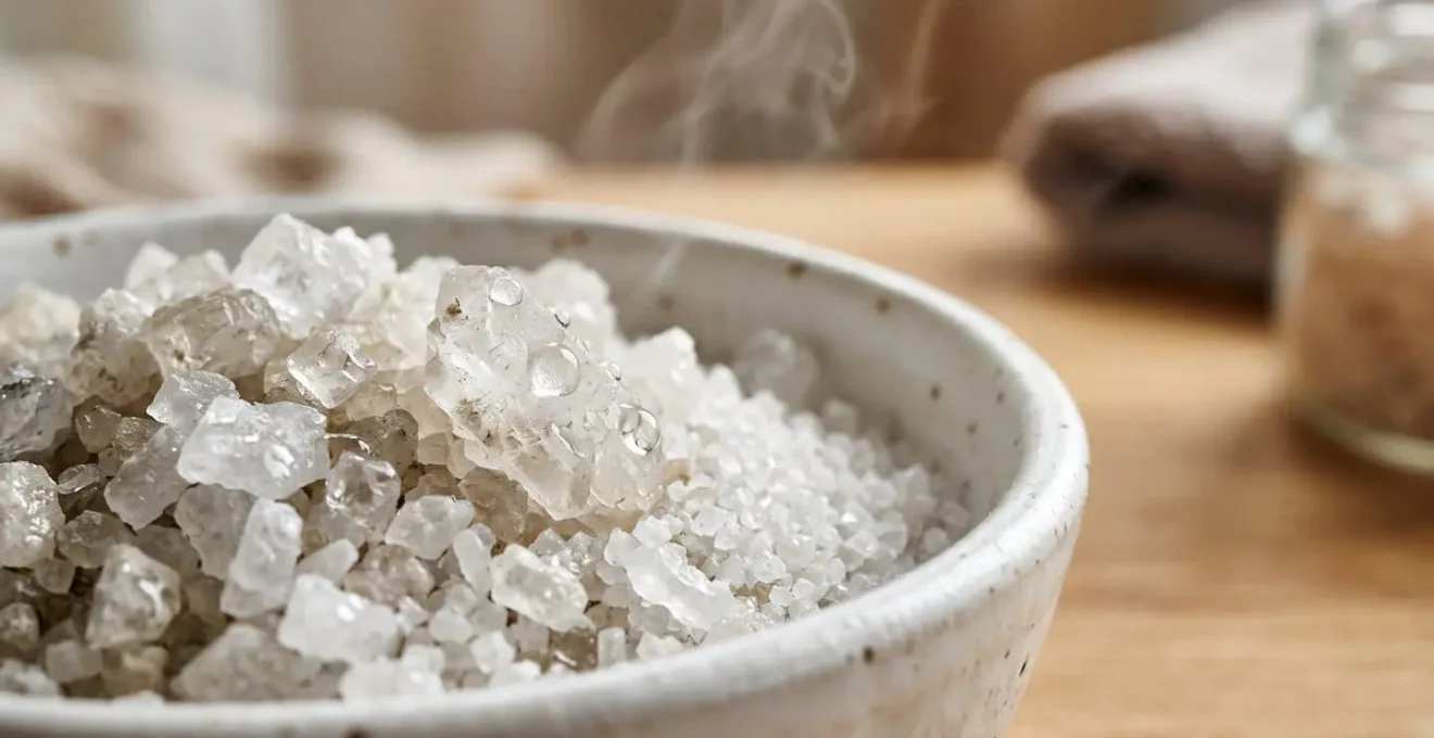 Gros plan sur des cristaux de sels de bain naturels dans un bol artisanal, lumière douce, ambiance spa