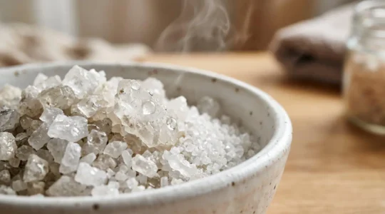 Gros plan sur des cristaux de sels de bain naturels dans un bol artisanal, lumière douce, ambiance spa