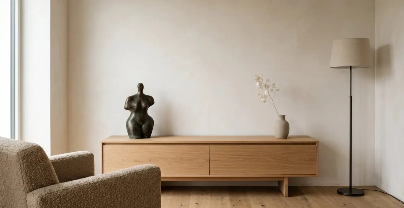 Statuette décorative élégante posée sur console épurée dans un petit espace lumineux avec espace négatif
