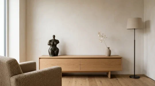 Statuette décorative élégante posée sur console épurée dans un petit espace lumineux avec espace négatif