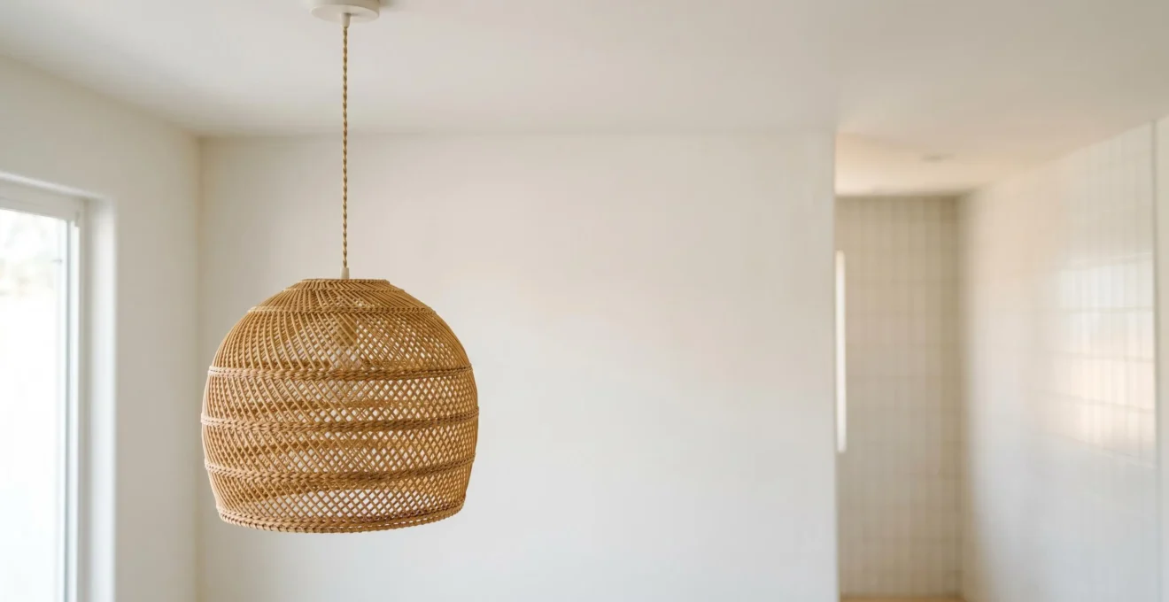 Suspension en rotin au tissage serré suspendue dans une pièce lumineuse avec ambiance naturelle
