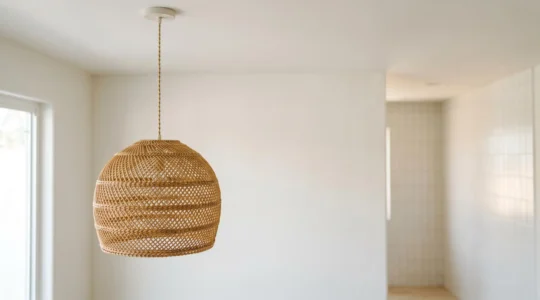 Suspension en rotin au tissage serré suspendue dans une pièce lumineuse avec ambiance naturelle