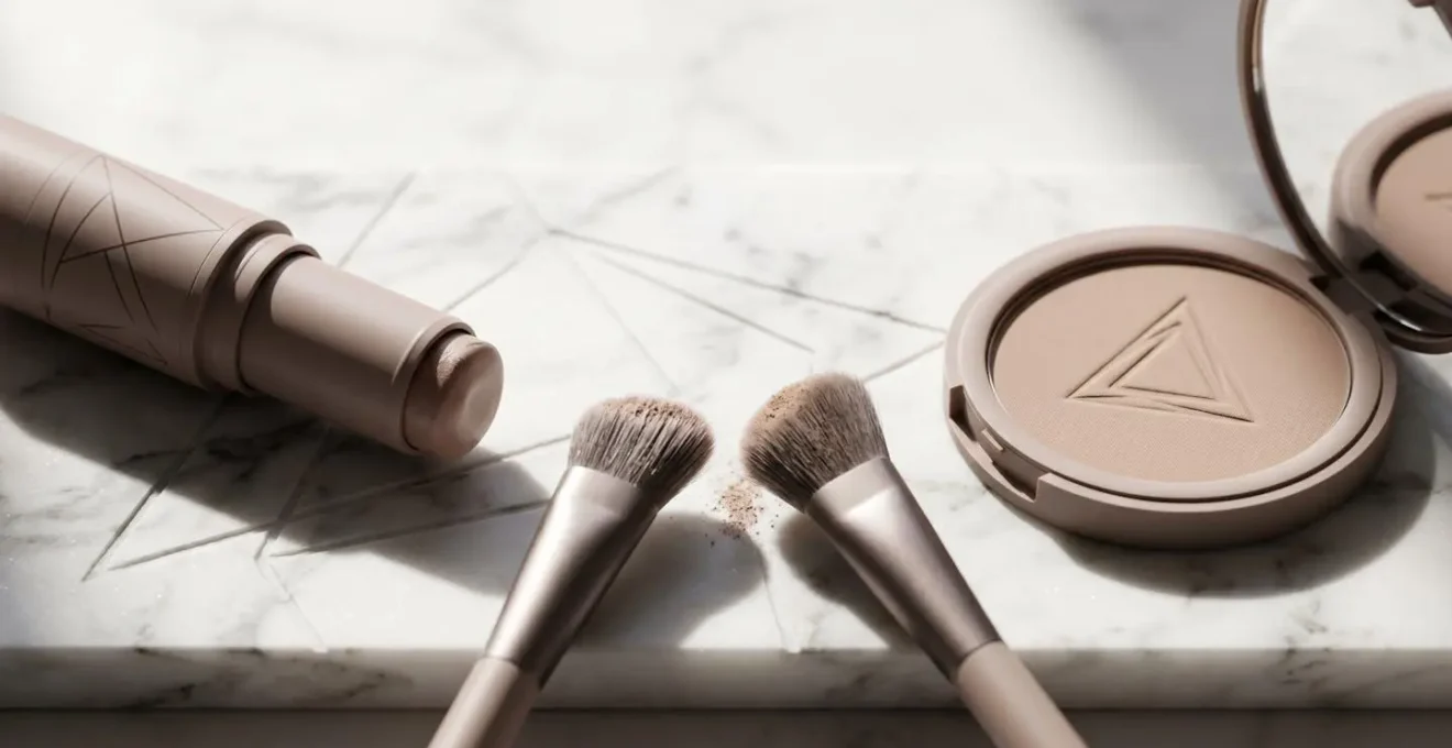 Comparaison visuelle entre texture crème et poudre pour le contouring avec outils de maquillage professionnels