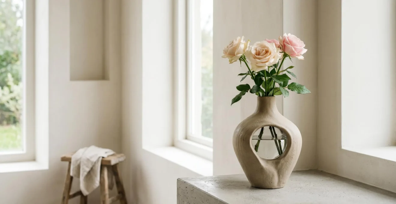Vase design en céramique mate contenant des roses élégantes sur une table contemporaine
