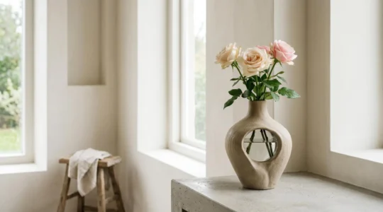 Vase design en céramique mate contenant des roses élégantes sur une table contemporaine