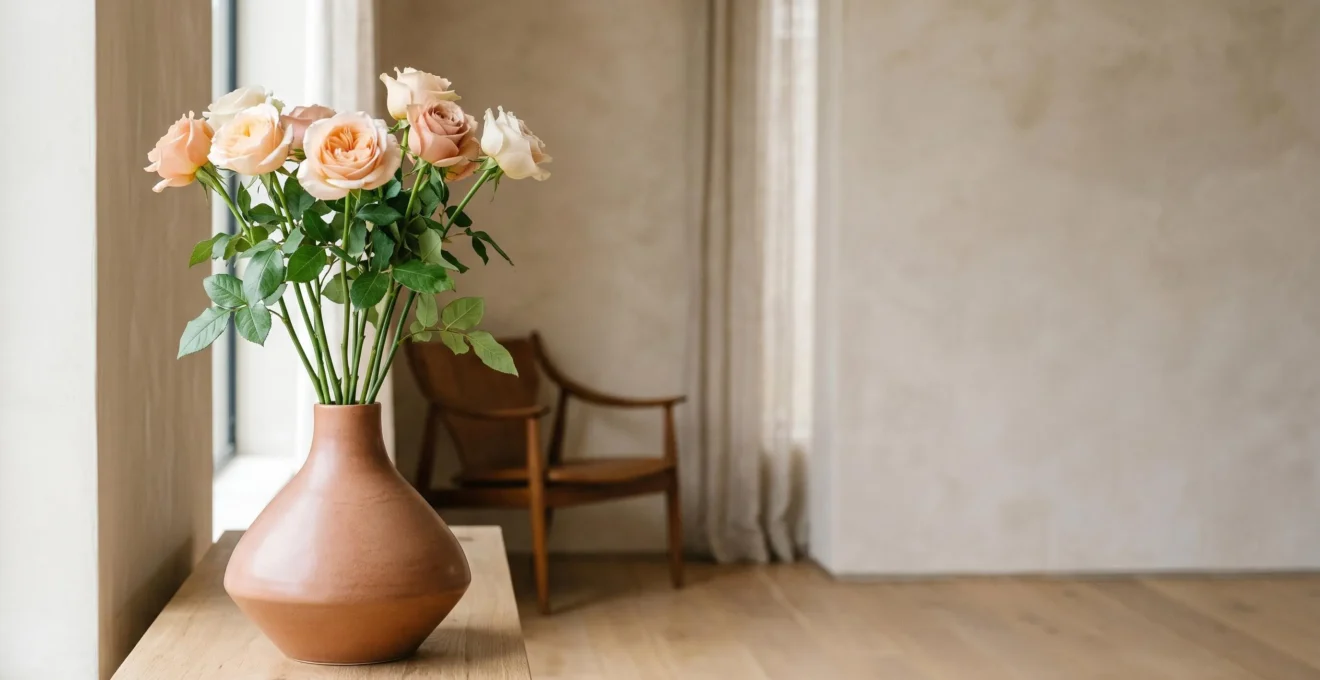 Vase design contemporain en céramique avec bouquet de roses à tiges longues dans un intérieur lumineux