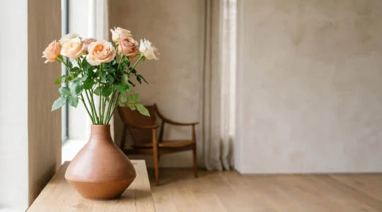 Vase design contemporain en céramique avec bouquet de roses à tiges longues dans un intérieur lumineux