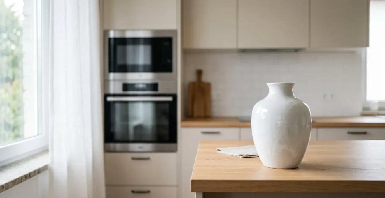 Vase en porcelaine blanche sur plan de travail moderne avec composition minimaliste illustrant la résistance thermique