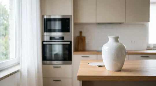 Vase en porcelaine blanche sur plan de travail moderne avec composition minimaliste illustrant la résistance thermique