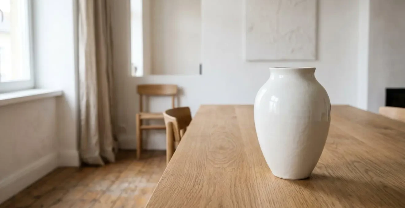 Vase en porcelaine blanche translucide posé sur une table minimaliste contemporaine