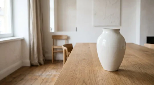 Vase en porcelaine blanche translucide posé sur une table minimaliste contemporaine