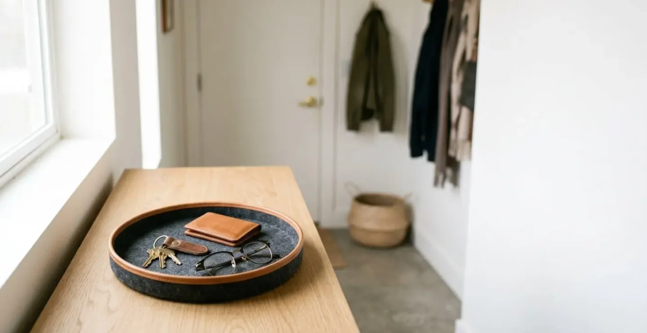 Vide-poche en cuir et feutre sur console d'entrée avec clés, portefeuille et lunettes disposés sans contact