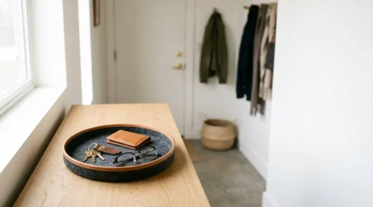 Vide-poche en cuir et feutre sur console d'entrée avec clés, portefeuille et lunettes disposés sans contact