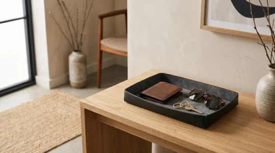 Vide-poches élégant en matière douce protégeant clés, portefeuille et lunettes sur une surface claire